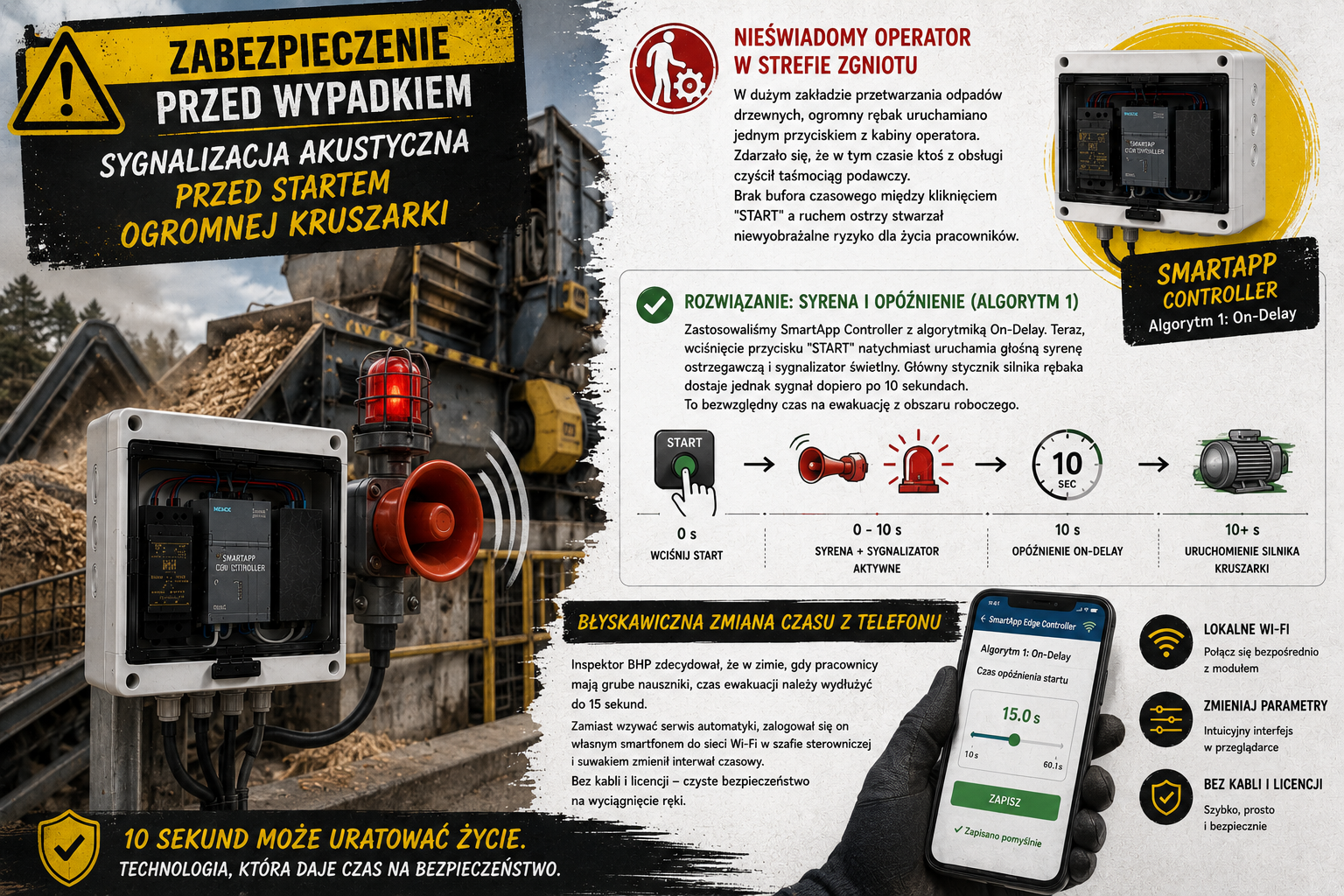 Zabezpieczenie przed wypadkiem. Sygnalizacja akustyczna przed startem ogromnej kruszarki