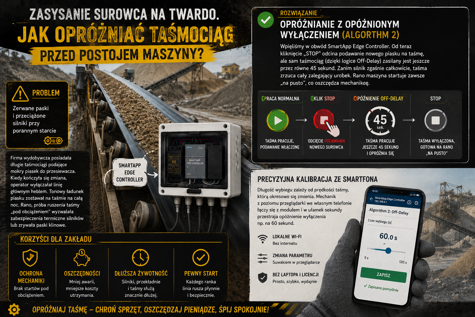 Zasysanie surowca na twardo. Jak opróżniać taśmociąg przed postojem maszyny?