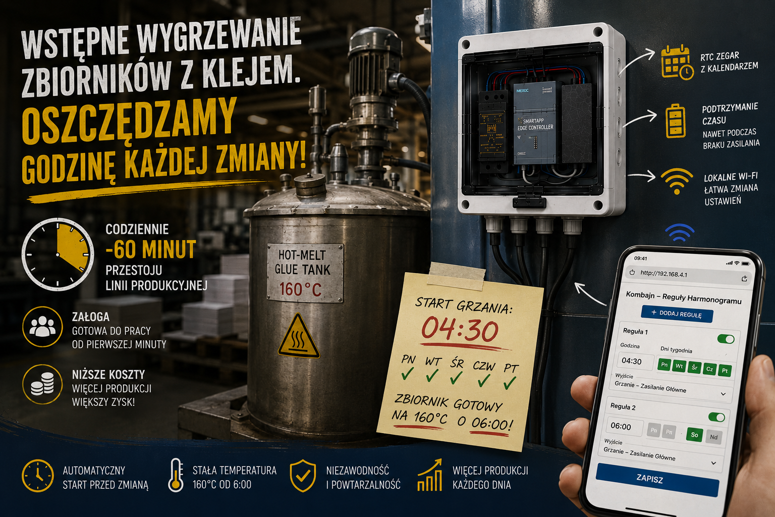 Wstępne wygrzewanie zbiorników z klejem. Oszczędzamy godzinę każdej zmiany (RTC)