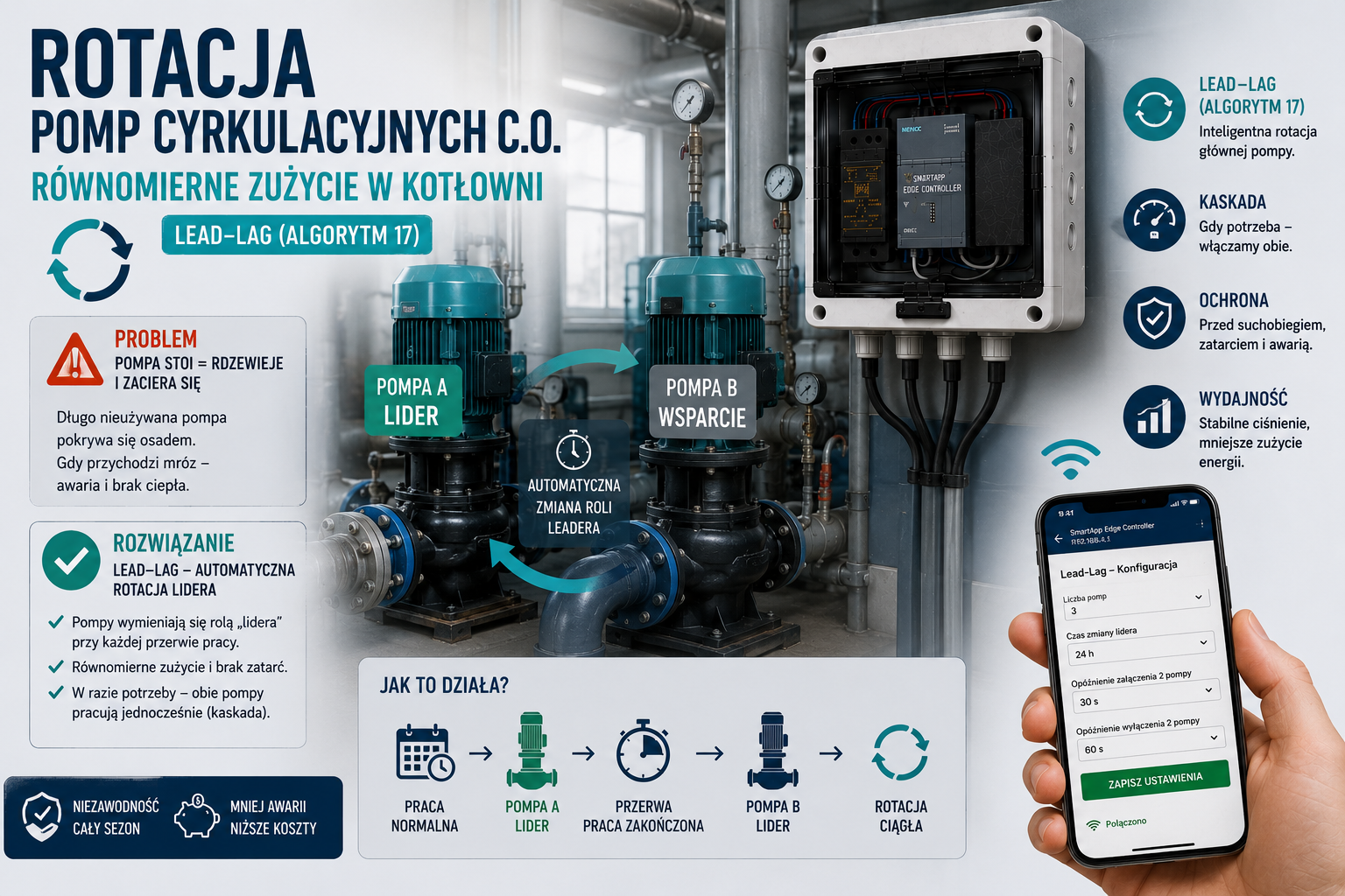 Rotacja pomp cyrkulacyjnych C.O. Równomierne zużycie w kotłowni (Lead-Lag)