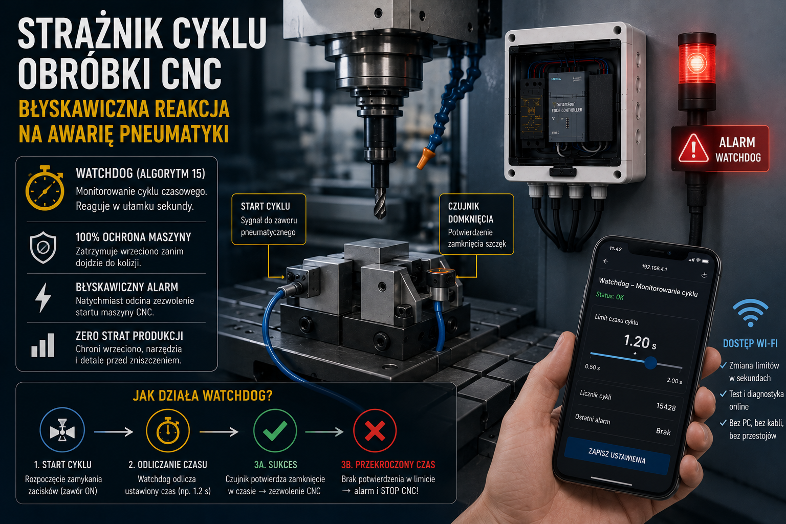 Strażnik cyklu obróbki CNC. Błyskawiczna reakcja na awarię pneumatyki (Watchdog)